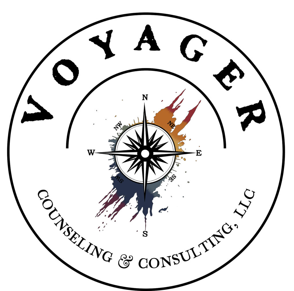 Voyager Counseling Logo. A round logo with the words "Voyager Counseling and Consulting, LLC" surrounding a black compass with a rainbow colored paint splatter behind it.