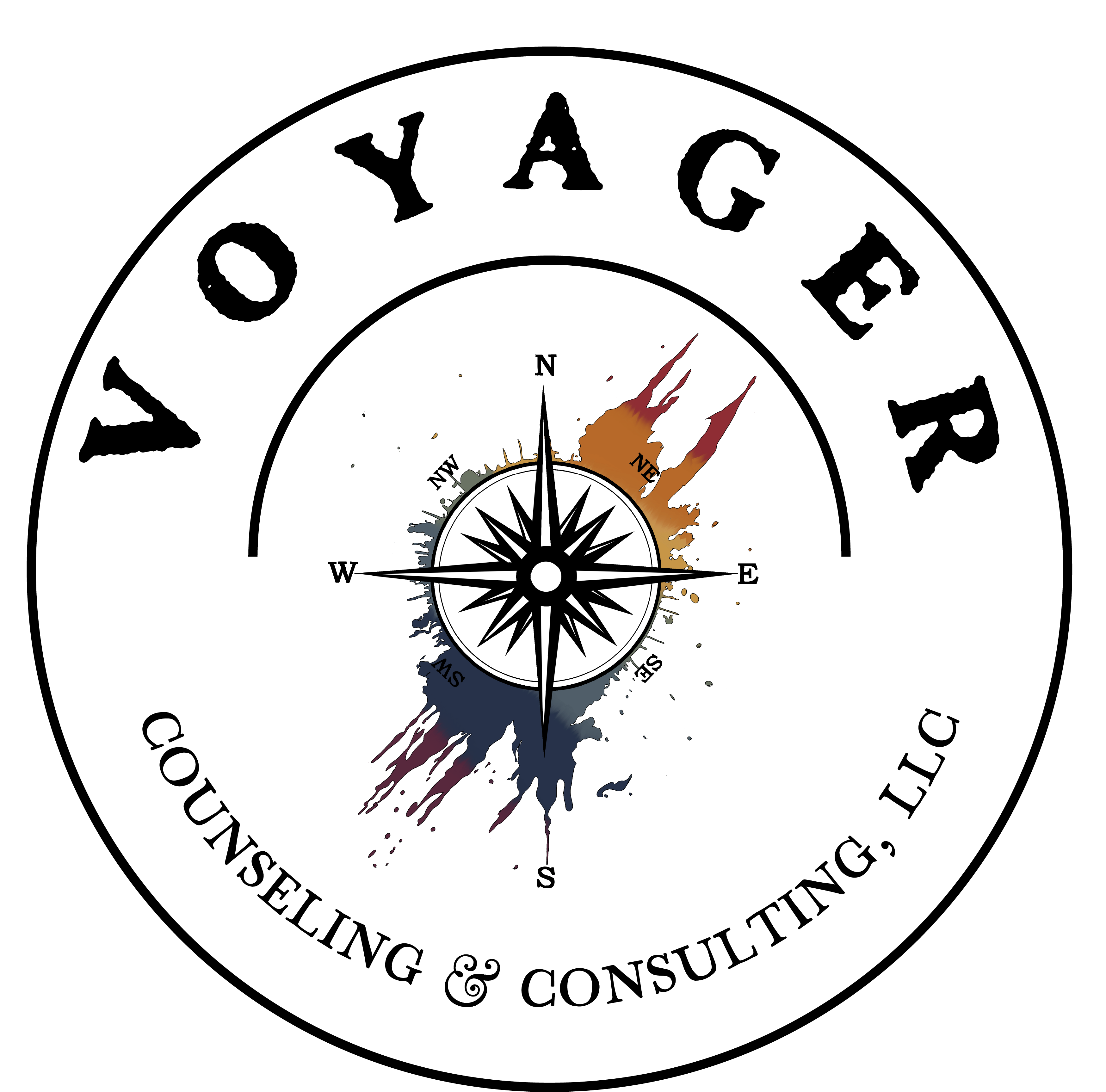 Voyager Counseling Logo. A round logo with the words "Voyager Counseling and Consulting, LLC" surrounding a black compass with a rainbow colored paint splatter behind it.